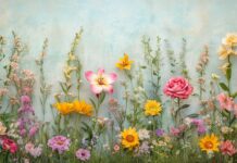 Aesthetic spring 4K desktop wallpaper of blooming flowers like roses, lilies, and sunflowers arranged in an artistic layout with soft pastel tones and a subtle paper texture background.