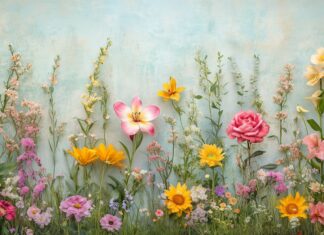 Aesthetic spring 4K desktop wallpaper of blooming flowers like roses, lilies, and sunflowers arranged in an artistic layout with soft pastel tones and a subtle paper texture background.