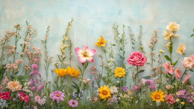 Aesthetic spring 4K desktop wallpaper of blooming flowers like roses, lilies, and sunflowers arranged in an artistic layout with soft pastel tones and a subtle paper texture background.