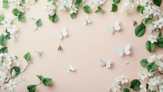 Aesthetic spring 4K desktop wallpaper of butterflies, flowers, and green leaves floating on a subtle pastel pink background.