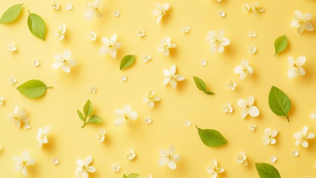 Aesthetic spring 4K desktop wallpaper with delicate leaves and flowers scattered across a pastel yellow background, with soft shadows for a 3D paper cut effect.