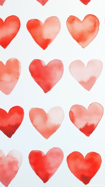 Aesthetic watercolor style hearts in shades of red and pink, tiled neatly on a clean white background.