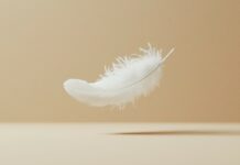 Amazing Laptop Wallpaper with a lone white feather floating in mid air on a beige background, exuding simplicity and elegance.