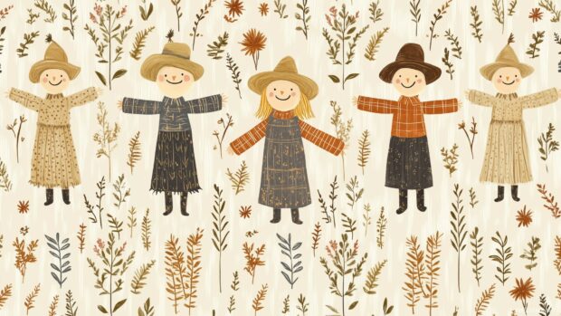 An Aesthetic Autumn wallpaper of smiling scarecrows, harvest crops, and little cornstalks.