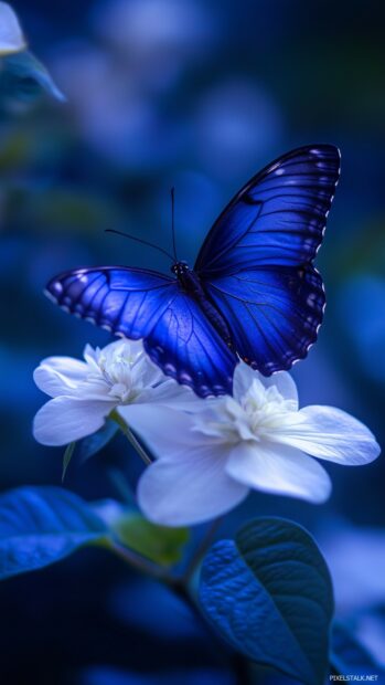 An Aesthetic blue butterfly resting on a delicate white flower.