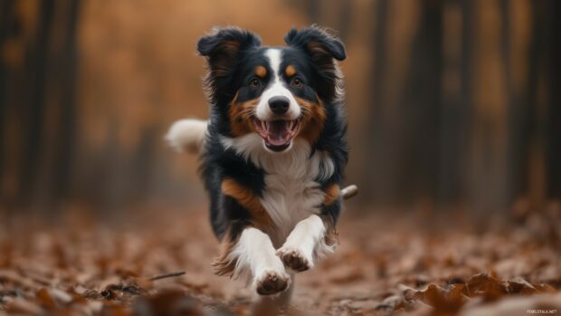 An Australian Shepherd with a multicolored coat, playing fetch with a stick in a forest.