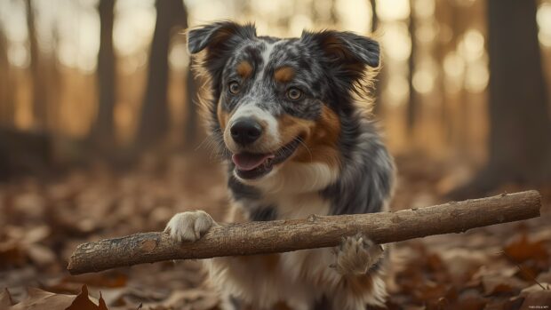 An Australian Shepherd with a multicolored coat, playing fetch with a stick in a forest.