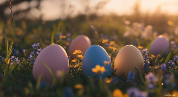 An Easter sunrise over a field with colorful eggs and wildflowers, soft golden light enhancing the scene.