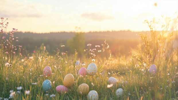 An Easter sunrise over a field with colorful eggs and wildflowers, soft golden light enhancing the scene.