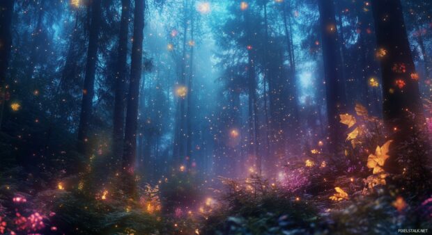 An Enchanted Forest Wallpaper HD with a canopy of sparkling, enchanted leaves, soft, swirling lights.