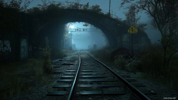 An abandoned railway track running through a dark, overgrown forest, the rails disappearing into the misty, ominous distance.