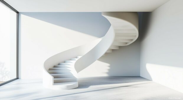 An abstract 3D spiral staircase floating in a minimalist white space, with clean lines and modern design elements.