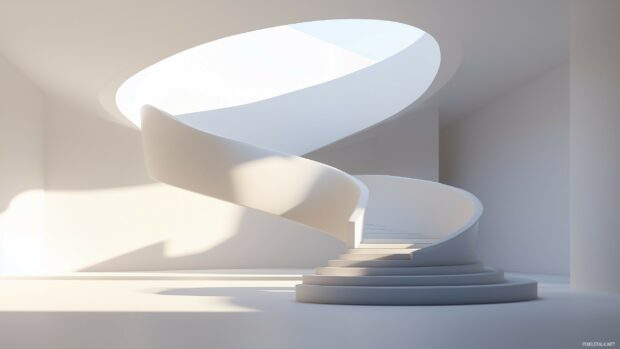 An abstract 3D spiral staircase floating in a minimalist white space, with clean lines and modern design elements creating a sense of elegance and depth.