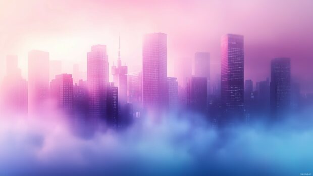 An abstract city skyline with minimal detail and a focus on color gradients and shapes.