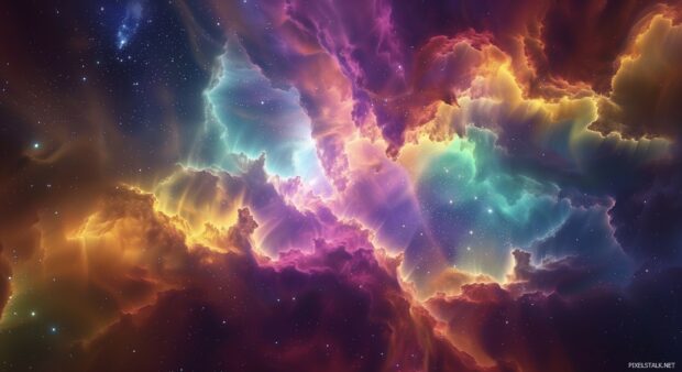 An abstract space laptop background with rainbow colored gas clouds and glowing stars.