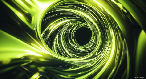 An abstract swirl of cool green light streaks over a dark background, creating contrast and movement in an eye catching design.