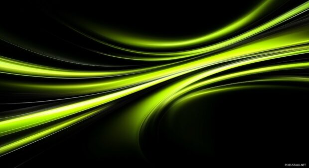 An abstract swirl of neon green light streaks over a dark background.