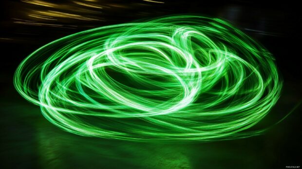 An abstract swirl of neon green light streaks over a dark background, creating contrast and movement in a bold, eye catching design.