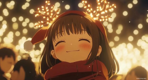 An adorable anime girl wearing reindeer antlers, happily singing Christmas carols with friends in a beautifully decorated park.