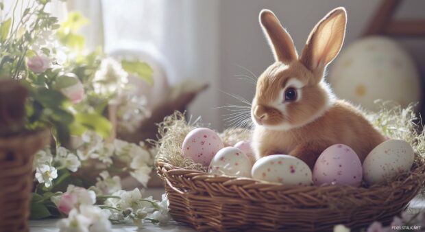 An adorable bunny in a basket full of Easter eggs and spring flowers.