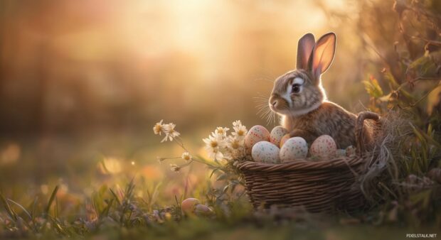 An adorable bunny in a basket full of Easter eggs and spring flowers, with a warm and inviting color palette.