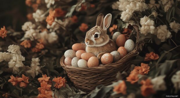 An adorable bunny in a basket full of Easter eggs and spring flowers, with a warm and inviting color palette.