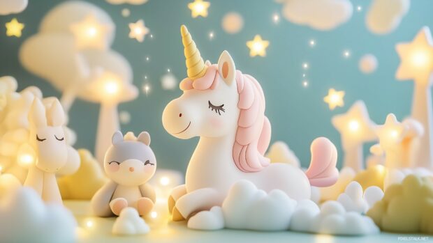 An adorable cartoon pink unicorn playing with sparkling stars and cute animals in a vibrant enchanted forest.