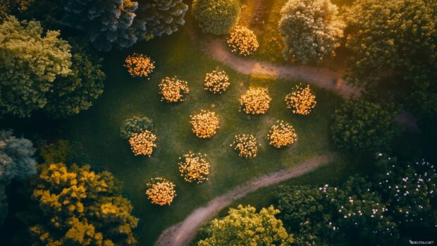 An aerial view of a garden filled with blooming yellow roses.