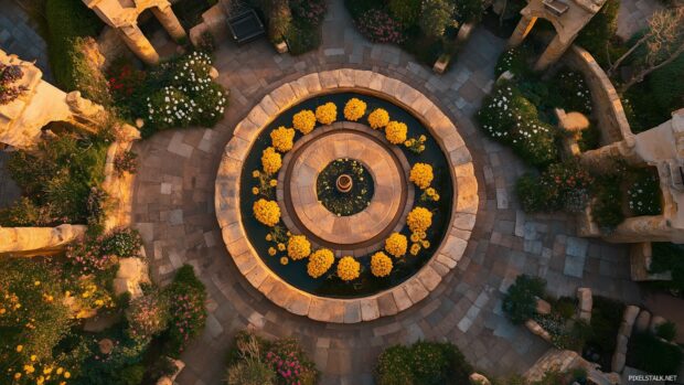 An aerial view of a garden filled with blooming yellow roses, HD image.