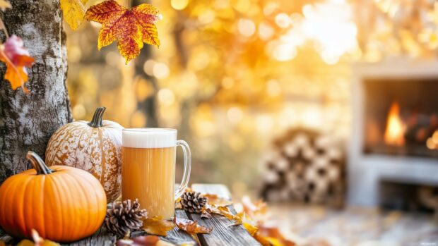 An aesthetic collage featuring scenic fall moments with trees turning golden, piles of pumpkins, hot cider in mugs, and cozy fireplaces.