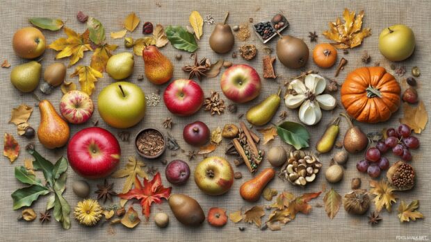 An aesthetic collection of fall harvest elements, including apples, pears, pumpkins, and spices, with a background of burlap and scattered golden leaves.