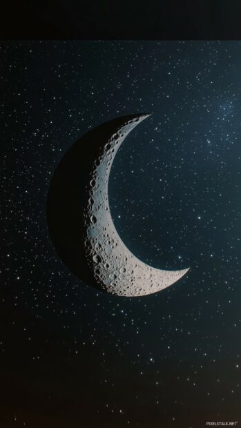 An aesthetic crescent moon wallpaper with delicate stars arranged symmetrically in a sleek night sky.