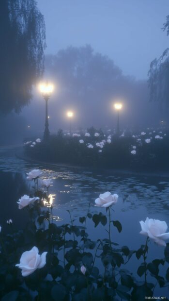 An aesthetic image of a rose garden at dusk, where the soft glow of twilight casts an elegant hue over the blooming flowers, enhancing their natural beauty.