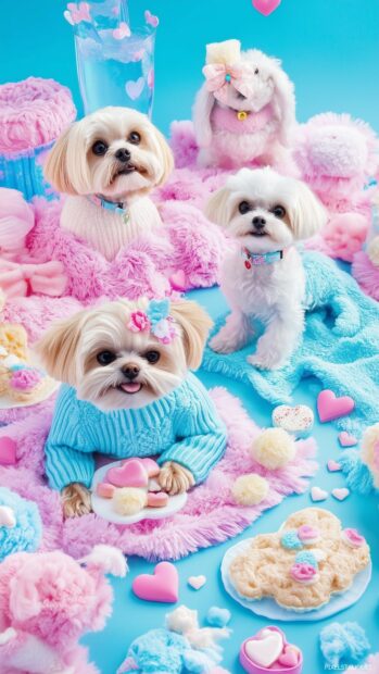 An aesthetic pastel collage of small dogs in sweaters, surrounded by cute details like heart shaped dog treats, bows.