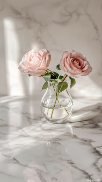 An aesthetic pink rose in a glass vase on a marble countertop, with soft shadows and light reflections adding depth and elegance.