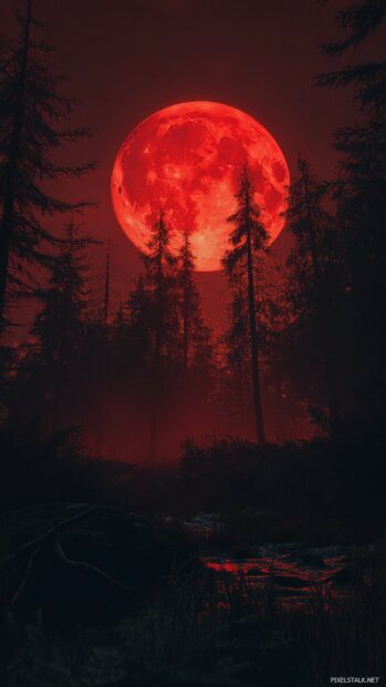 An aesthetic red moon rising behind a silhouette of an ancient, towering forest.