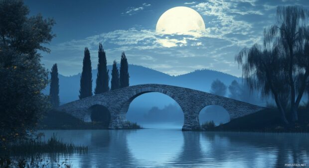 An ancient stone bridge crossing a river, bathed in gentle moonlight.