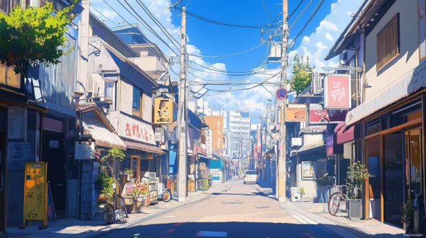 An anime city wallpaper with a focus on elegant lines and soft, blended colors.