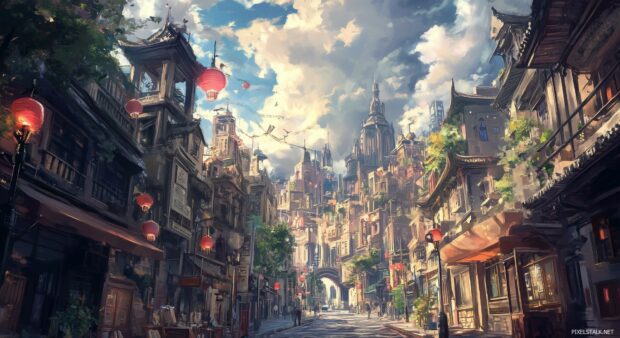 An anime city wallpaper with a focus on subtle details and muted colors for a relaxed atmosphere.