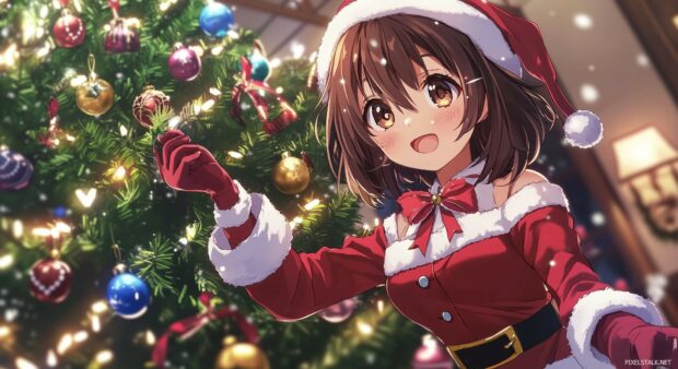 An anime girl dressed in a festive Santa outfit, joyfully decorating a Christmas tree with colorful ornaments and twinkling lights in a cozy room.