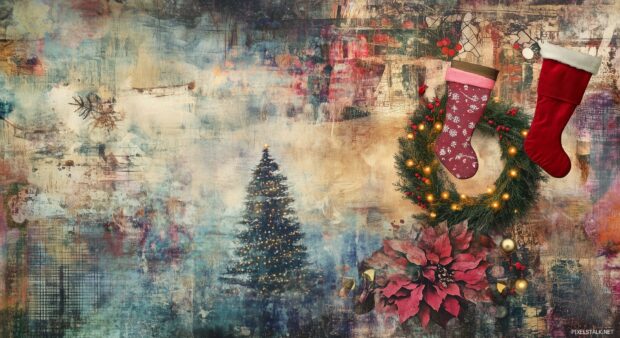 An artistic collage of Christmas elements like stockings, wreaths, and twinkling fairy lights, layered with textured backgrounds.