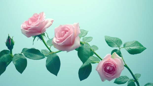 An artistic composition of roses intertwined with green leaves, set against a soft pastel background.