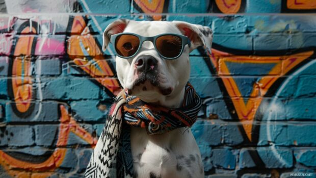 An artistic cool dog wearing sunglasses and a scarf, standing in front of a graffiti covered wall.