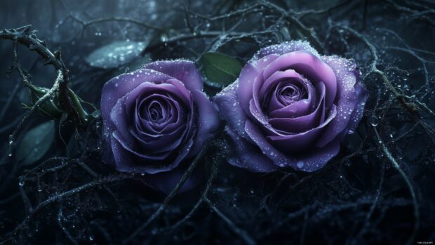 An artistic purple roses intertwined with delicate greenery.