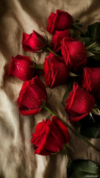 An artistic shot of deep red roses with dew droplets on the petals.