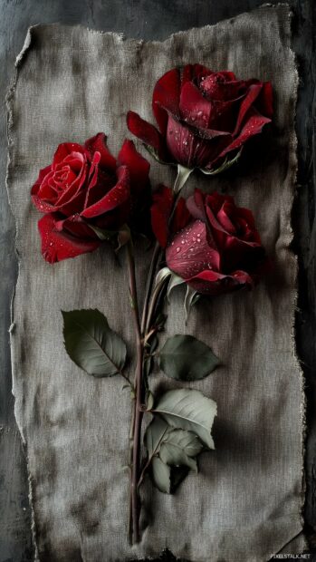 An artistic shot of deep red roses with dew droplets on the petals, elegantly arranged on a textured linen surface.