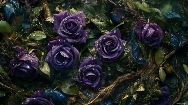 An artistic shot of purple roses intertwined with delicate greenery.