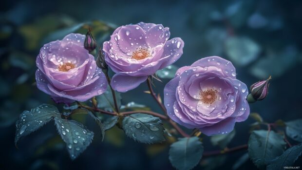 An artistic shot of purple roses intertwined with delicate greenery, with droplets of water glistening on the petals.