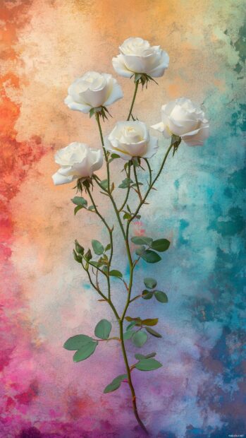 An artistic shot of white roses against a colorful watercolor background, blending natural beauty with abstract art.