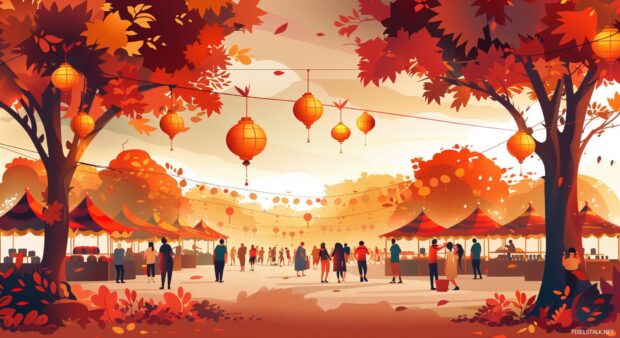 An autumn festival scene with food stalls, lanterns, and people enjoying the festivities.